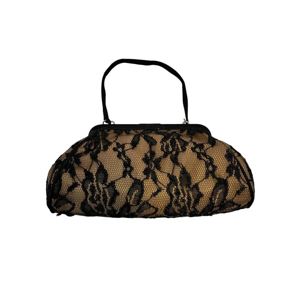 VTG Black Lace Overlay Gold Evening Clutch Handbag Elegant Metallic Kiss Clasp - Picture 2 of 16